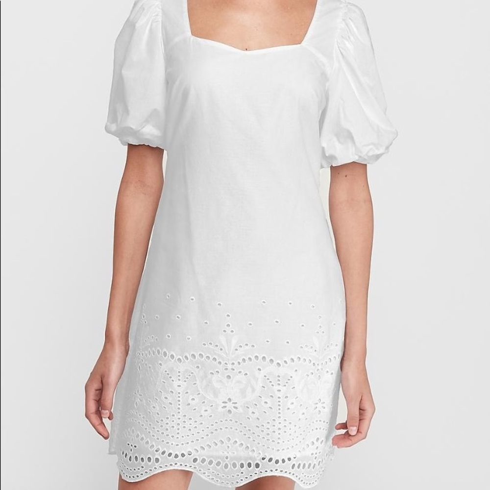 Express eyelet puffer sleeve dress